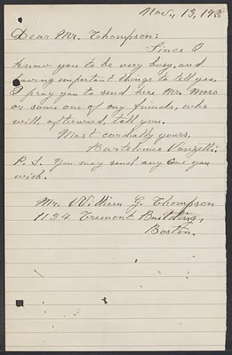 Sacco-Vanzetti Case Records, 1920-1928. Correspondence. Bartolomeo Vanzetti to William G. Thompson, November 13, 1926. Box 40, Folder 102, Harvard Law School Library, Historical & Special Collections