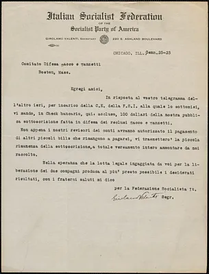 Girolamo Valenti (Italian Socialist Federation of the Socialist Party of America) typed letter signed, in Italian, to Sacco-Vanzetti Defense Committee, Chicago. Ill., January 25, 1923