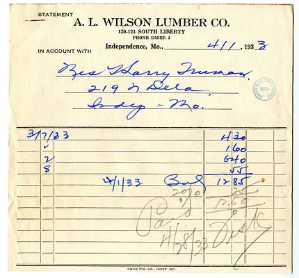 Receipt from A. L. Wilson Lumber Company