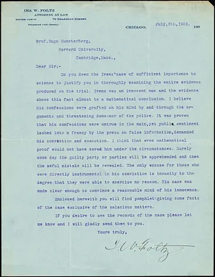 Folz, Ira W., fl. 1906 typed letter signed to Hugo Münsterberg, Chicago, 9 July 1906