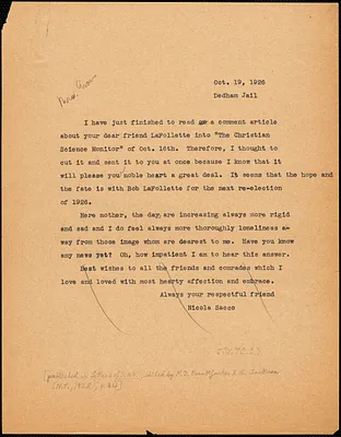 Nicola Sacco typed letter (copy) to Elizabeth Glendower Evans, Dedham, 19 October 1926