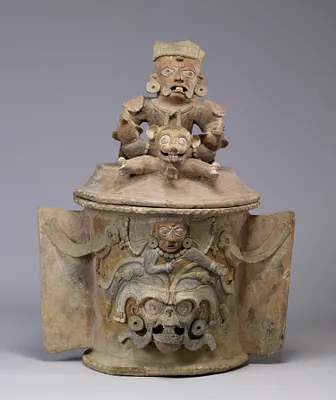 Maya Polychrome Lidded Urn with Seated Figure