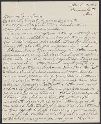Sacco-Vanzetti Case Records, 1920-1928. Correspondence. Gardner Jackson to O'Sullivan April 1929. Box 41, Folder 58, Harvard Law School Library, Historical & Special Collections