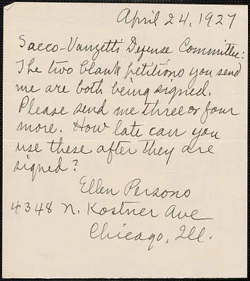 Ellen Persons autograph note signed to Sacco-Vanzetti Defense Committee, Chicago, Ill., April 24, 1927