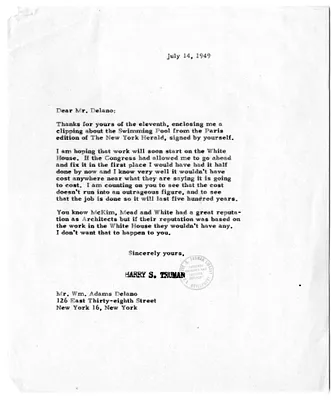 Correspondence Between William Adams Delano and President Harry S. Truman, with Attached Clipping