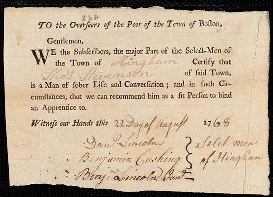 Elizabeth Bennison indentured to apprentice with Thomas Stevenson of Hingham, 4 August 1768