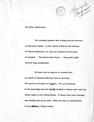 Partial Draft of Jefferson Day Speech for President Harry S. Truman