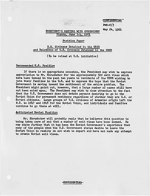 Position Paper on U. S. Citizens Detained in the USSR for President John F. Kennedy's meeting with Soviet Premier Nikita Khrushchev