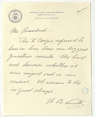 Note from Walter Bedell Smith to President Harry S. Truman with Attachment