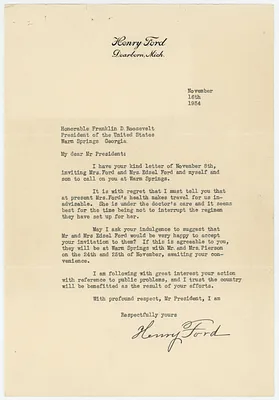 Letter, Henry Ford to Franklin Roosevelt
