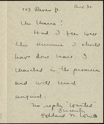 G. M. White autograph note signed to Joseph Moro, August 30, [1927]