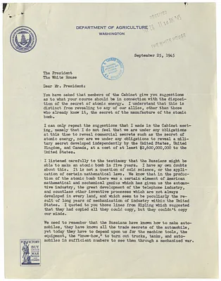 Letter from Secretary of Agriculture Clinton Anderson to President Harry S. Truman