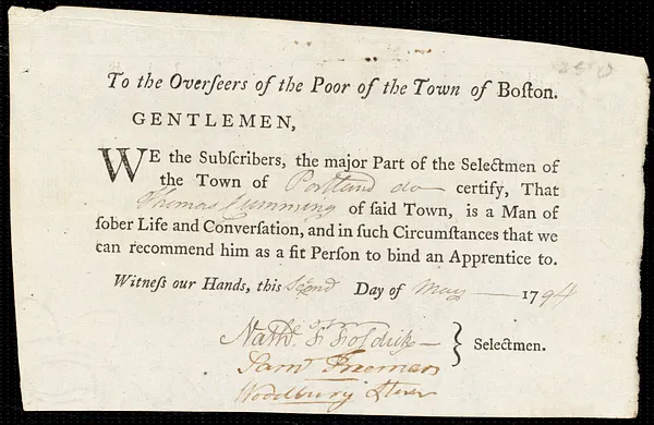Elizabeth Mcperson indentured to apprentice with Thomas Cumming of Portland, 10 April 1794
