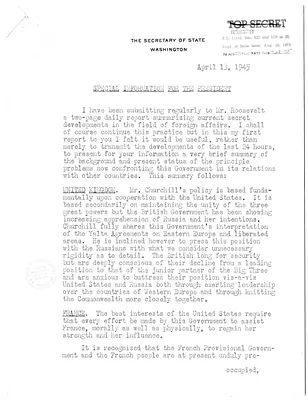 Memorandum from Secretary of State Edward Stettinius to President Harry S. Truman