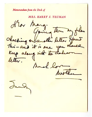 Letter from Bess W. Truman to Margaret Truman with Attachment