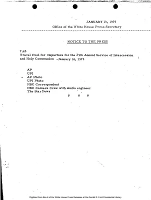 Travel Pool for Departure for the 29th Annual Service of Intercession and Holy Communion, January 14, 1975 [Pool Assignments]