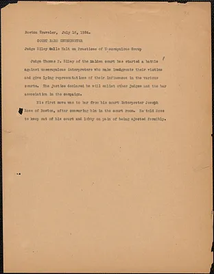Boston Traveler typescript, [Boston, Mass.], July 16, 1924: Court bars interpreter
