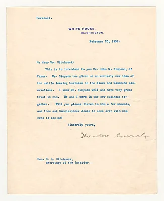 Letter from President Theodore Roosevelt to Secretary of the Interior E. A. Hitchcock