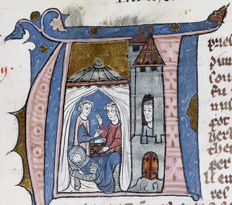 Leaf from ""Histoire d'Outre Mer"": Initial A with the Count of Edessa and the Prince of Antioch Playing Dice