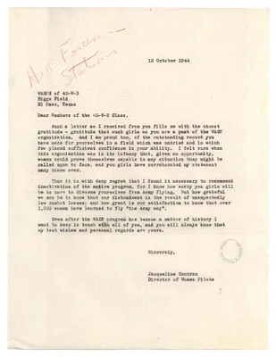 Letter, Jacqueline Cochran to WASPs Regarding Disbandment