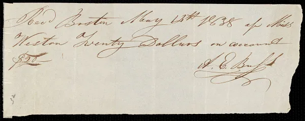 Receipt from A. E. Buss, Boston, [Mass.], to Caroline Weston, May 13th, 1838