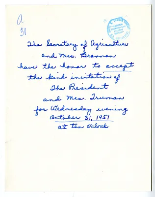 Invitation Reply from Secretary of Agriculture and Mrs. Charles Brannan to the White House Social Office