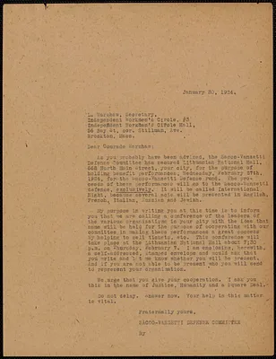 Sacco-Vanzetti Defense Committee typed letter (copy) to L. Warschaw, (Independent Workemen's Circle, #3), Boston, Mass., January 30, 1924