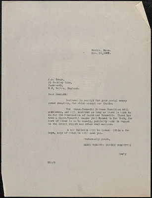 Mary Donovan (Sacco-Vanzetti Defense Committee) typed letter (copy) to J. A. Tonge, Boston, Mass., November 19, 1927