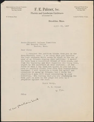F. E. Palmer typed letter to Sacco-Vanzetti Defense Committee, Brookline, Mass., April 18, 1927