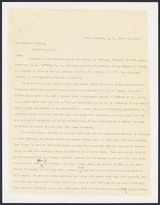Sacco-Vanzetti Case Records, 1920-1928. Defense Papers. Carbon copy of letter to Chief of Police, Jamestown N.Y. re: Whitney's theft of a horse, author unknown, April 12, 1911. Box 11, Folder 22, Harvard Law School Library, Historical & Special Collections