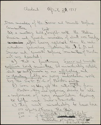 N. Carter (Sacco-Vanzetti Defense Committee, Cleveland) autograph letter signed to Sacco-Vanzetti Defense Committee, Cleveland, Ohio, April 30, 1927