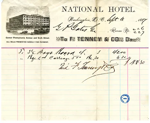 Bill from the National Hotel, Washington, D. C. to George P. Gates