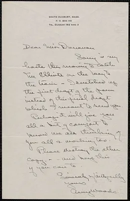 Amy Woods autograph note signed to Mary Donovan, South Duxbury, Mass., [August 31, 1927?]