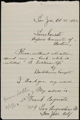 Frank Cagnata autograph note signed to Sacco-Vanzetti Defense Committee, San Jose, Calif., October 25, 1923