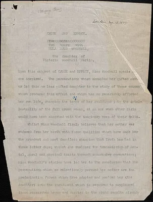 Typescript: "Cause and effect. Two hours with Zula Maud Woodhull, the daughter of Victoria Woodhull Martin.", London, September 18, 1897