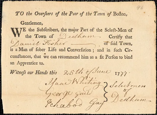 Martha Williams indentured to apprentice with Daniel Fisher of Dedham, 1777