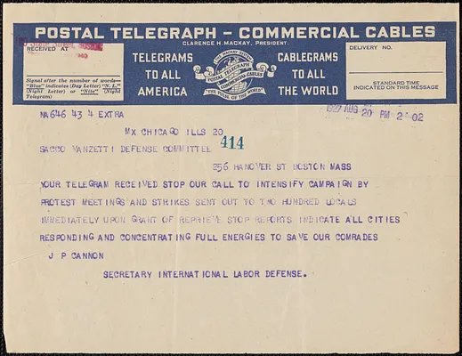 James P. Cannon (International Labor Defense) telegram to Sacco-Vanzetti Defense Committee, Chicago, Ill., August 20, 1927