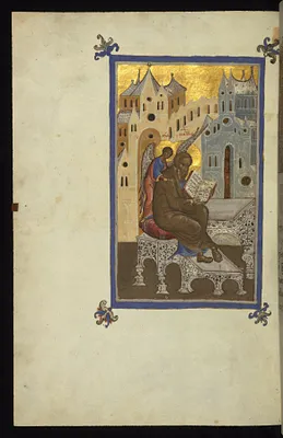 The Evangelist Matthew writing his Gospel, inspired by Wisdom