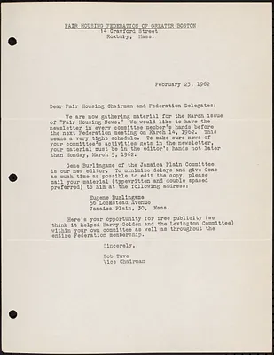 Letter to Fair Housing Chairman and Federation Delegates requesting material for March issue of “Fair Housing News”