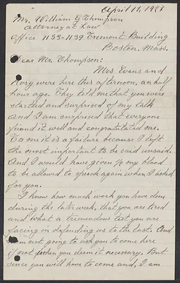 Sacco-Vanzetti Case Records, 1920-1928. Correspondence. Bartolomeo Vanzetti to William G. Thompson, April 11, 1927. Box 40, Folder 105, Harvard Law School Library, Historical & Special Collections
