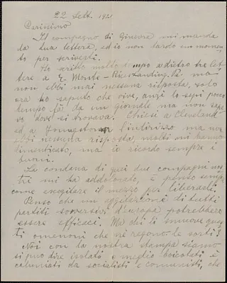 Prometeo autograph letter signed to Emilio Coda, Zurich, Switzerland, September 22, 1921