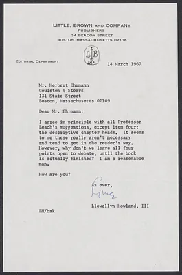 Herbert Brutus Ehrmann Papers, 1906-1970. Sacco-Vanzetti. Little, Brown & Co. Box 8, Folder 7, Harvard Law School Library, Historical & Special Collections