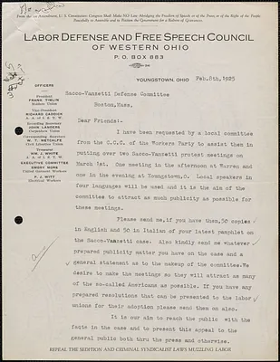 Wallace T. Metcalfe (Labor Defense and Free Speech Council of Western Ohio) typed letter signed to Sacco-Vanzetti Defense Committee, Youngstown, Ohio, February 8, 1925