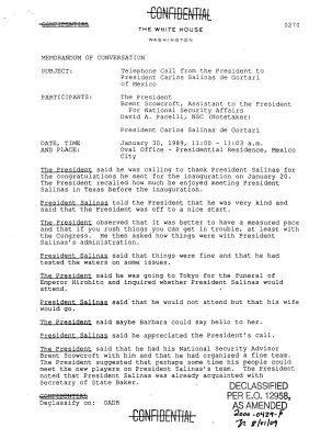 Telephone Call from the President to President Carlos Salinas de Gortari of Mexico, January 30, 1989