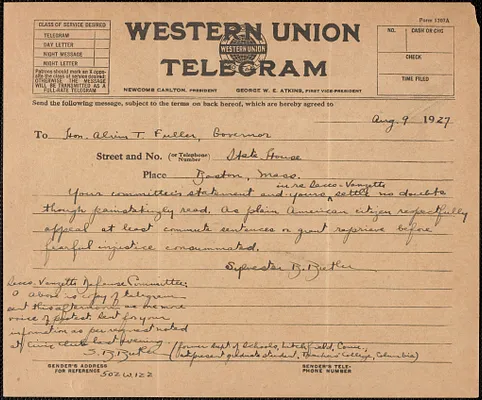Sylvester B. Butler telegram to Sacco-Vanzetti Defense Committee, August 9, 1927