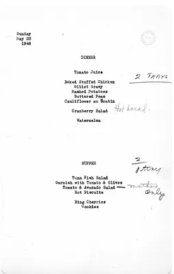 White House Dinner and Supper Menu