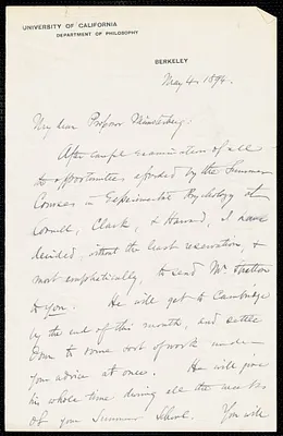 Howison, George Holmes, 1834-1917 autograph letter signed to Hugo Münsterberg, Berkeley, Cal., 4 May 1894