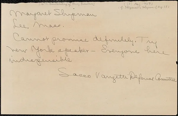 Mary Donovan (Sacco-Vanzetti Defense Committee) telegram (copy) to Margaret Shipman, Boston, Mass., [August 18?, 1927]