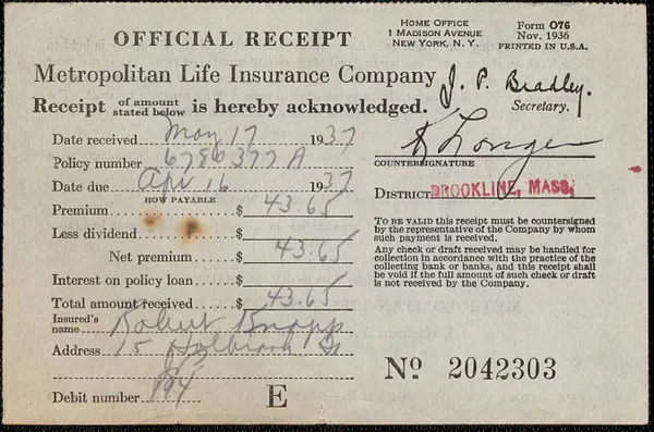 Receipt from Metropolitan Life Insurance Company for Robert Knapp, May 17, 1937