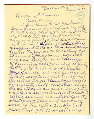 Letter from Grace Summer to Harry S. Truman